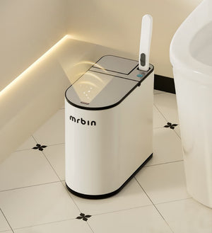 Smart White Sensor Trash Can with Built-In Toilet Brush – Touchless & Clean Bathroom Solution
