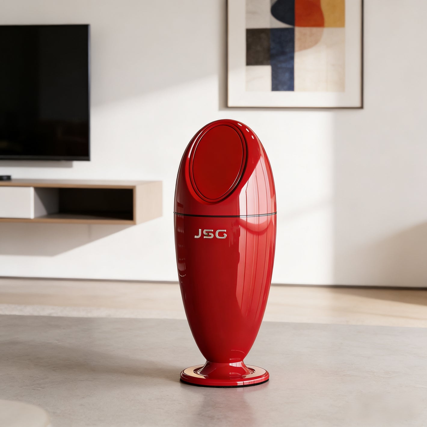 Red Water-Drop Small Waist Shaped Trash Can – Tall Stand, No-Bend Design