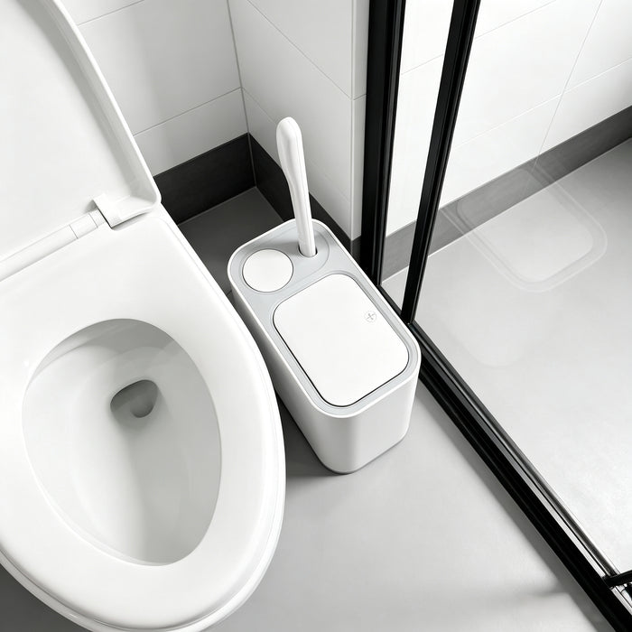 2-in-1 Bathroom Trash Can with Toilet Brush – Slim Waste Bin with 6 Disposable Brush Heads