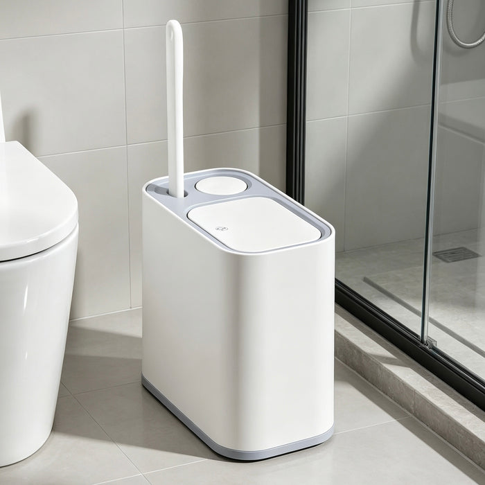 2-in-1 Bathroom Trash Can with Toilet Brush – Slim Waste Bin with 6 Disposable Brush Heads