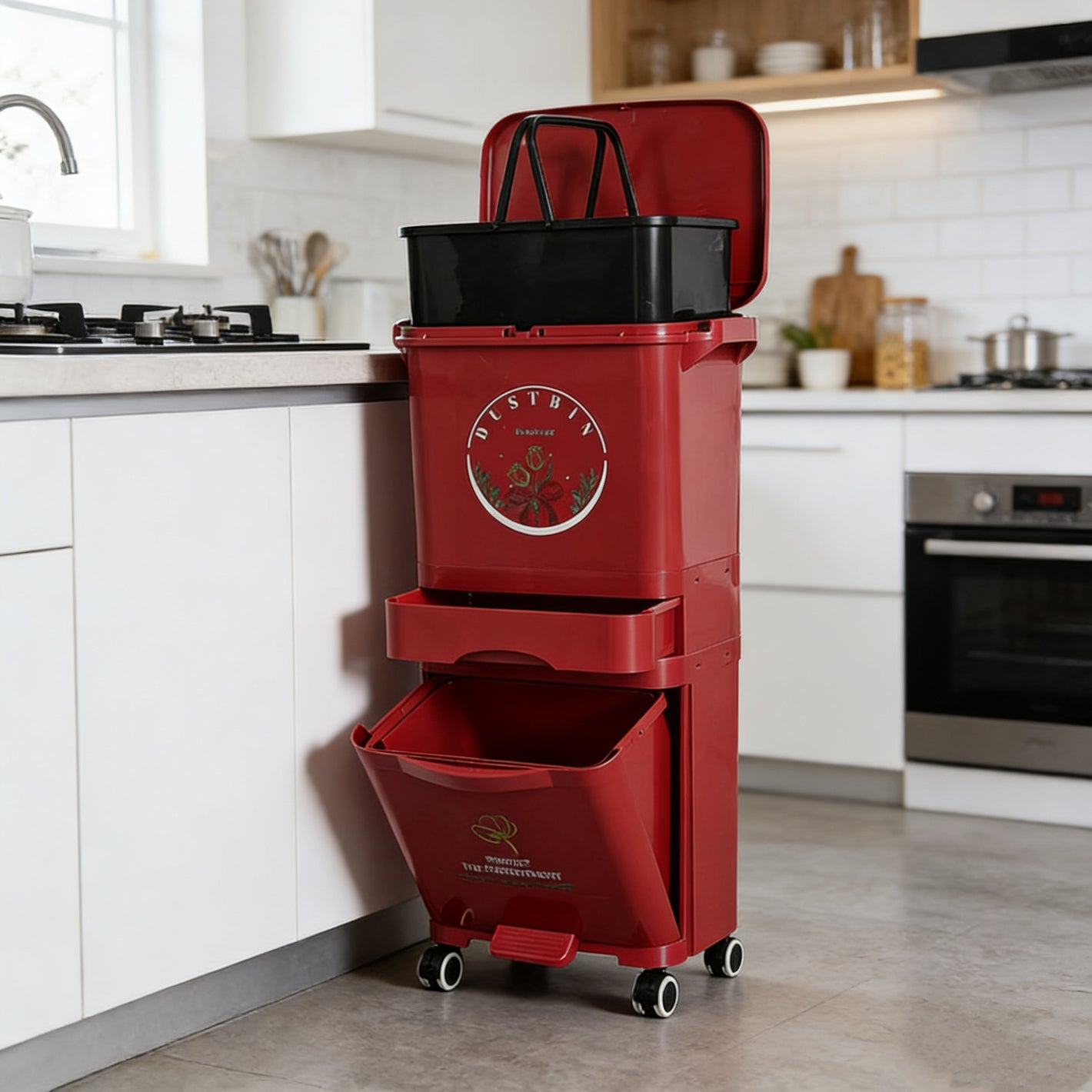 Kitchen Trash Can with Lid, Large Capacity Wet and Dry Separation Garbage Bin for Home