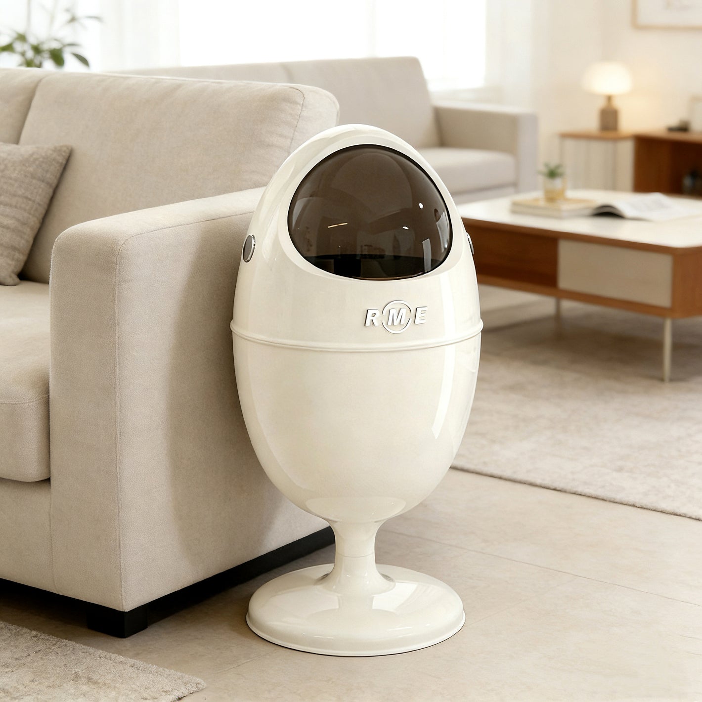 Art-Inspired Ergonomic Home Dinosaur Egg Style Trash Can – White 22L Spacious Silent Bin for Living Spaces